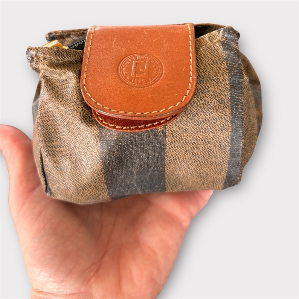 FENDI Vintage Fendi Pequin Stripe Coin Pouch Mini Wallet Brown Logo Italy - Picture 4 of 12